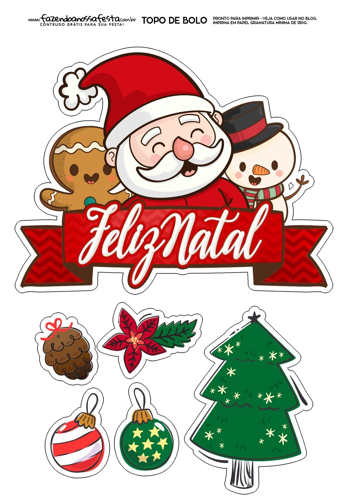 Topo de Bolo de Natal para Imprimir com Papai Noel e Enfeites