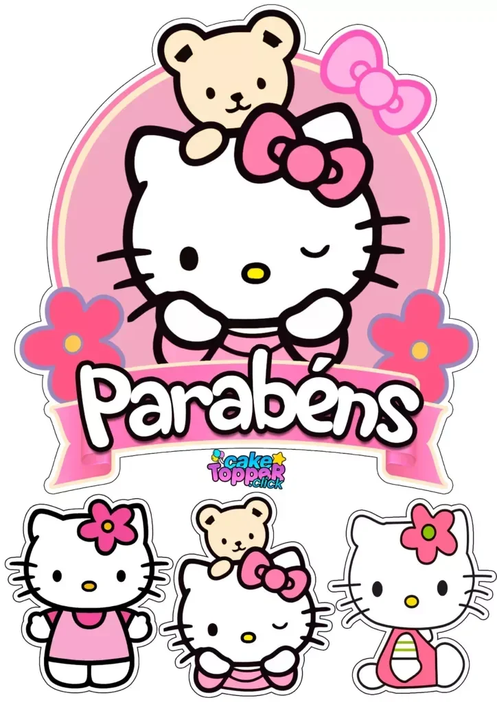 Topo de Bolo Hello Kitty para Imprimir com Flores Rosa