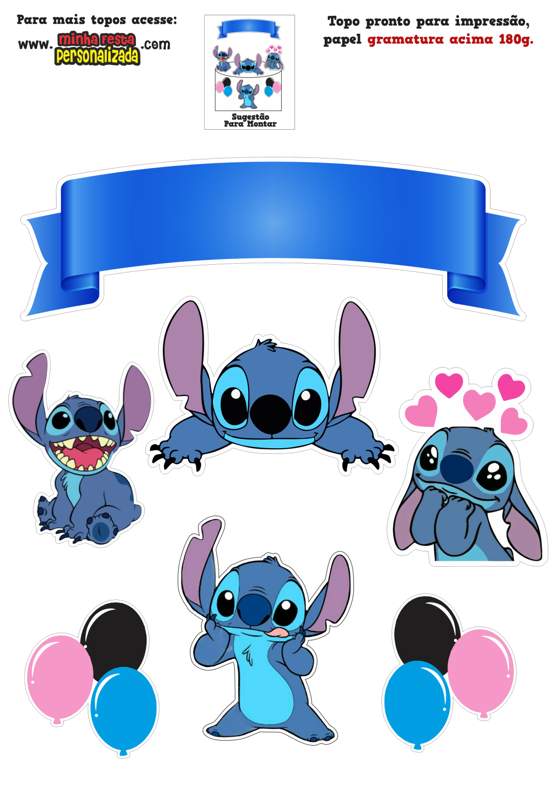 Topo de Bolo Stitch para Impressão Personalizada
