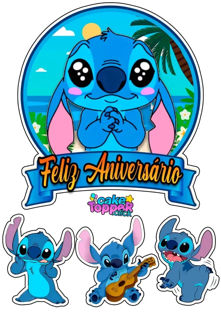 Topo de Bolo Stitch para Imprimir com Adesivos Coloridos