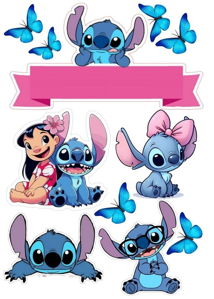 Topo de Bolo Stitch para imprimir com Lilo e Borboletas