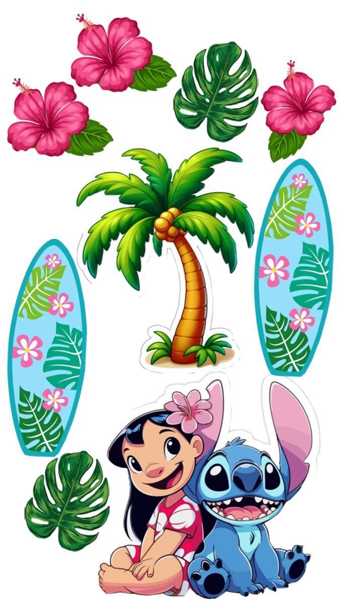 Topo de Bolo Stitch para imprimir em festa tropical
